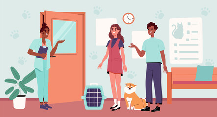 People at veterinary clinic concept. Medical staff with clients with dog near cage. Health care and treatment of domestic animals. Couple with puppy. Cartoon flat vector illustration