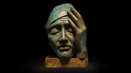 A bronze sculpture of a discombobulated Jiangshi head in hands, in the style of minimalism surrealism, foreshortening techniques, patina, fragmented structural forms, compromised integrity, sci-fi rea - obrazy, fototapety, plakaty