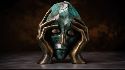 A bronze sculpture of a discombobulated Jiangshi head in hands, in the style of minimalism surrealism, foreshortening techniques, patina, fragmented structural forms, compromised integrity, sci-fi rea - obrazy, fototapety, plakaty
