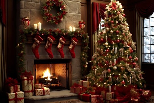 Christmas, Christmas Tree, Fireplace, Gifts,