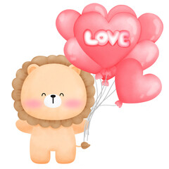 A lion holding a red balloon