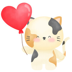 Cat holding red heart balloon