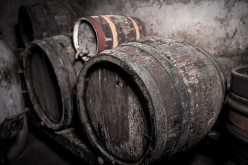 Old vintage wine barrels, Wine Barrels in Cellar