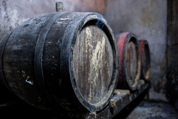 Old vintage wine barrels, Wine Barrels in Cellar