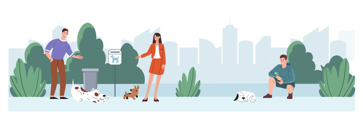 People walk dogs in city park. Men and woman with domestic animals outdoor. Household chores and routine. Care about pet. Graphic element for website. Cartoon flat vector illustration
