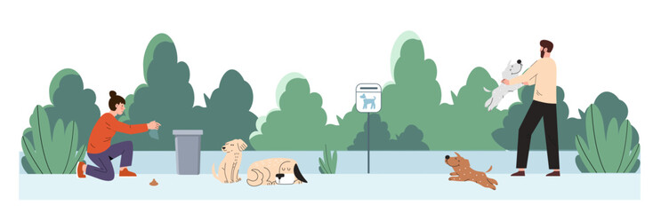 People walk dogs in city park. Men and woman with domestic animals outdoor. Household chores and routine. Care about pet. Best friends of human. Cartoon flat vector illustration