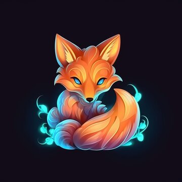 soft digital fantasy slightly stylized style, magical cute glowing fox with three tails