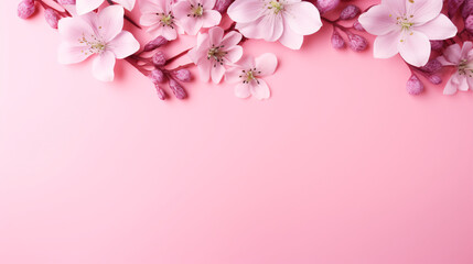 Fototapeta na wymiar Flat Lay of Beautiful Flowers on Pink Background