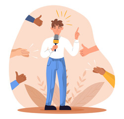 Public performance concept. Young guy with mic near hands. Public speaker and orator with auditorium. Press conference. Cartoon flat vector illustration isolated on white background