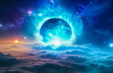 Holding dwarf fading star space nebula heaven clouds