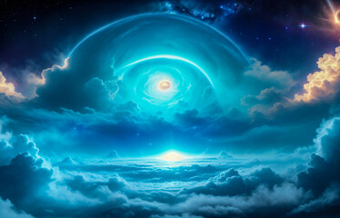 Holding dwarf fading star space nebula heaven clouds