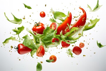 tomatoes, peppers, green leaves, and spices floating high in the air
