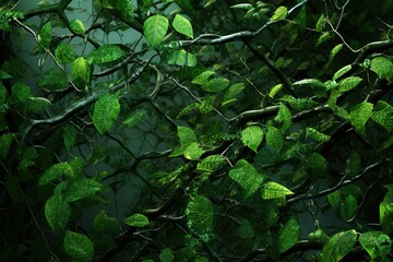  a green wall with some leaves - obrazy, fototapety, plakaty
