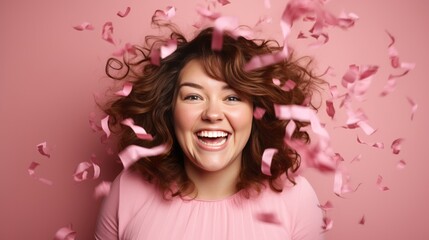 Obraz na płótnie Canvas girl in pink dress smiling with confetti.
