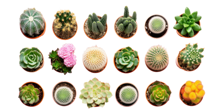 Top view of small potted cactus succulent plants isolated on white or transparent background