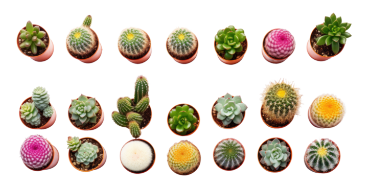 Top view of small potted cactus succulent plants isolated on white or transparent background