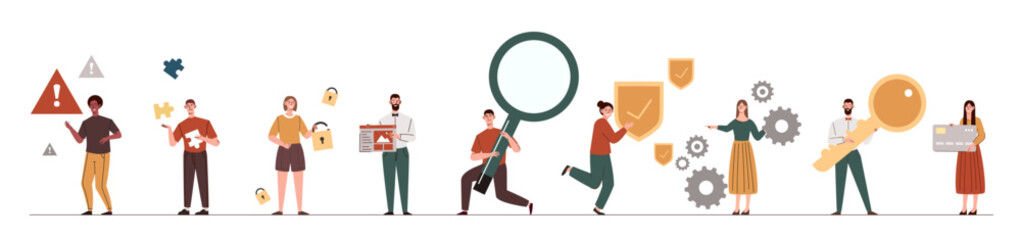 Set of tiny people. Men and women with magnifying glass, alerts and coghweels. Bank card and puzzles. Employees and freelancers. Cartoon flat vector collection isolated on white background