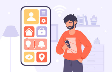 Smart house remote control. Man with smartphone. Modern technologies and innovations. Young guy with application for distance control of home. Cartoon flat vector illustration