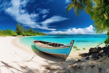 Beautiful caribbean sea and boat on the shore of exotic tropical island