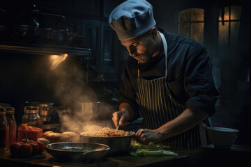 foto de stock de jefes de cocina cocinando o mostrando comida gourmet vestidos de uniforme con sombrero