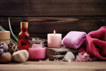 Obraz na płótnie Canvas beauty treatment items for spa procedures on wooden table