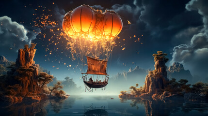 Hot air balloon in the sky above the sea. 3d rendering. Fantasy scene.