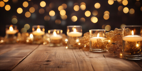 Wooden table with abstract warm living room decor with christmas tree string light blur background