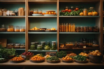 Grocery store shelves with jars, smoothies, nuts, seasonings, vegetables and fruits on the shelves....