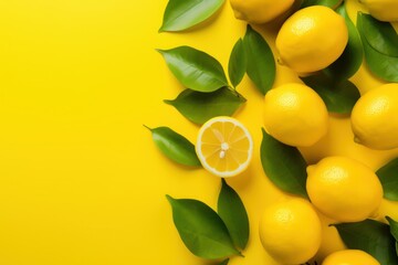 Lemons and lemons with green leaves on yellow background