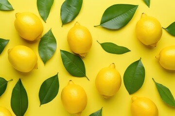 Lemons and lemons with green leaves on yellow background