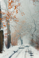 Zimowa aleja wśród drzew, mglisty świt (Winter avenue among trees, foggy dawn) - obrazy, fototapety, plakaty