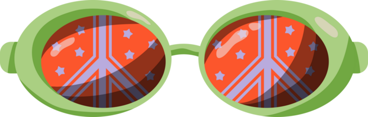 Groovy Sunglasses Set in Retro Hippie Style . Geometric Abstract Vector Eyewear in 1970s in Different Forms: Heart, Peace Symbol, Stars, Daisy Flowers for Print on T-Shirts, Cards, Creating Logo. 