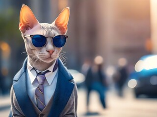 Sphynx cat wearing sunglasses. hat and suit on a busy street. Generative AI - obrazy, fototapety, plakaty