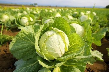 Fresh cabbage in a field, cabbage are growing in a garden. Generate Ai