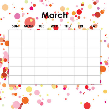 March. Calendar planner. Corporate week. Template layout, 12 months yearly, white background. Simple design for business brochure, flyer, print media, advertisement. Week starts from Monday