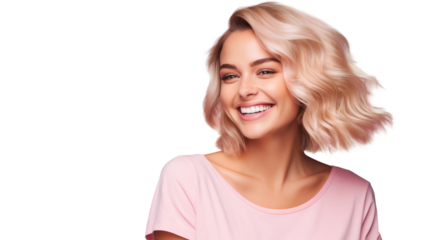 Young blonde woman smiling at camera, close up portrait. Isolated on white background, transparent