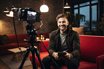 Young male influencer recording a candid video for social media