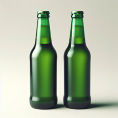 Green beer bottles mockup on solid background. ai generative