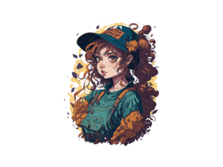 Watercolor Cute Anime Girl, With flowers, Fantasy Art, With Her Dog Friend, Vector Illustration Clipart