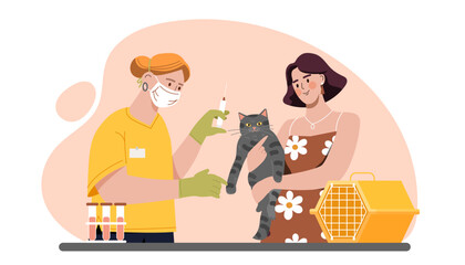Veterinarian with cat concept. Woman give kitten to doctor with syringe. Care about pet and domestic animal. Health care and treatment. Cartoon flat vector illustration isolated on white background