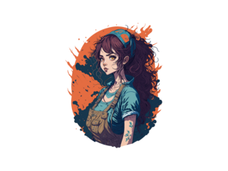 Watercolor Cute Anime Girl, With flowers, Fantasy Art, With Her Dog Friend, Vector Illustration Clipart