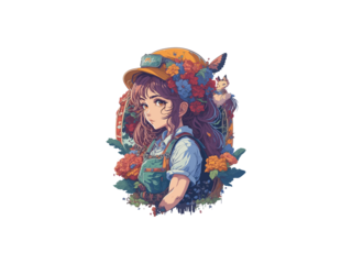 Watercolor Cute Anime Girl, With flowers, Fantasy Art, With Her Dog Friend, Vector Illustration Clipart