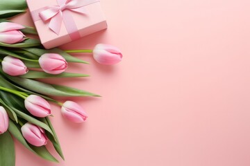 Pink Tulips and Pink Gift Box on Pink Background, Flat Lay With Copy Space
