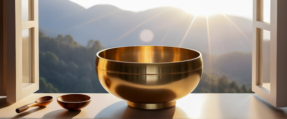Deep in the forest, a singing bowl by a window with warm sunlight, relaxing meditation, Generative Ai
