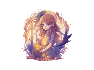 Watercolor Cute Anime Girl, With flowers, Fantasy Art, With Her Dog Friend, Vector Illustration Clipart