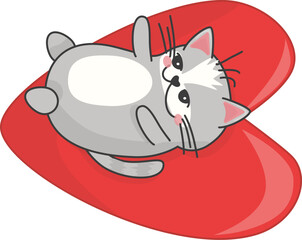 Cute fat cartoon gray cat valentine for valentine's day. A happy kitten lies on a heart pillow and is ready to cuddle.