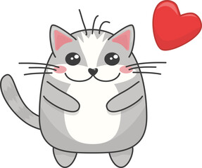 Cute fat cartoon gray cat valentine for valentine's day. A very happy kitten looks at you with a loving look