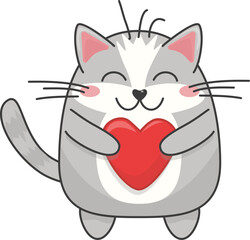 Cute fat cartoon gray cat valentine for valentine's day. Happy kitten holding a heart and smiling.