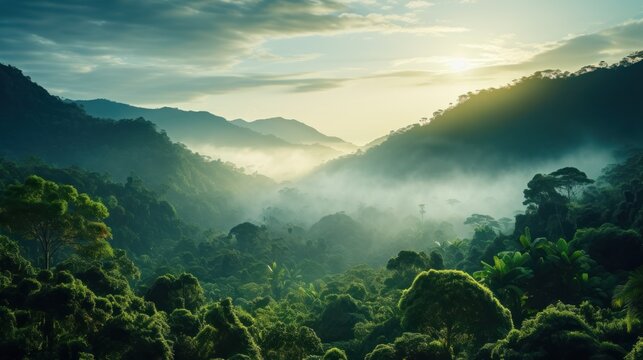 Fototapeta Tropical rainforest. Green and misty.