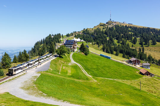 View on Rigi mountain and Arth&ndash;Rigi railway line rack railway in Swiss Alps in Switzerland